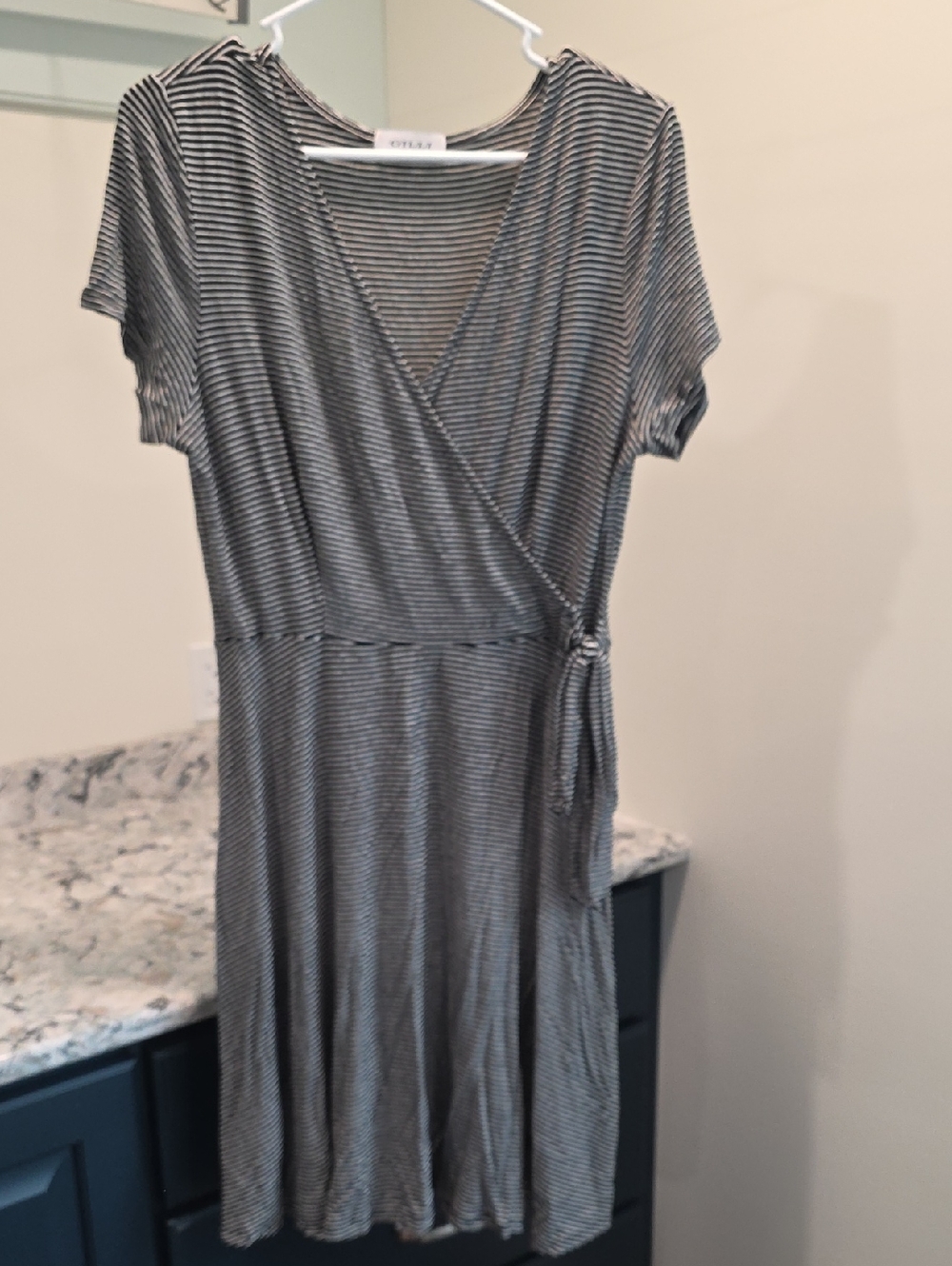 Gilli Black and White Striped Faux Wrap Midi Dress